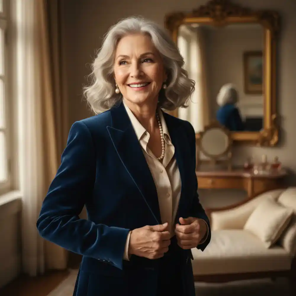Mujer mayor sonriendo con confianza mientras se viste con elegancia