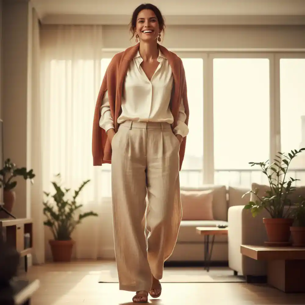 Mujer sonriendo luciendo ropa elegante y cómoda de VísteFácil