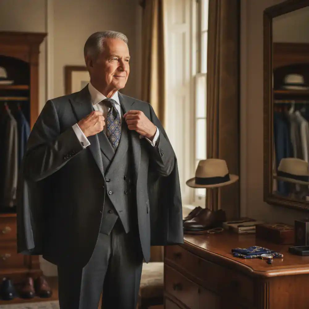 Hombre mayor vistiéndose con confianza y elegancia